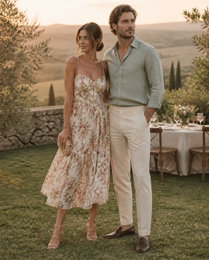 Outfit inspiration: a floral midi sundress and a linen shirt with tailored trousers on a Tuscan terrace