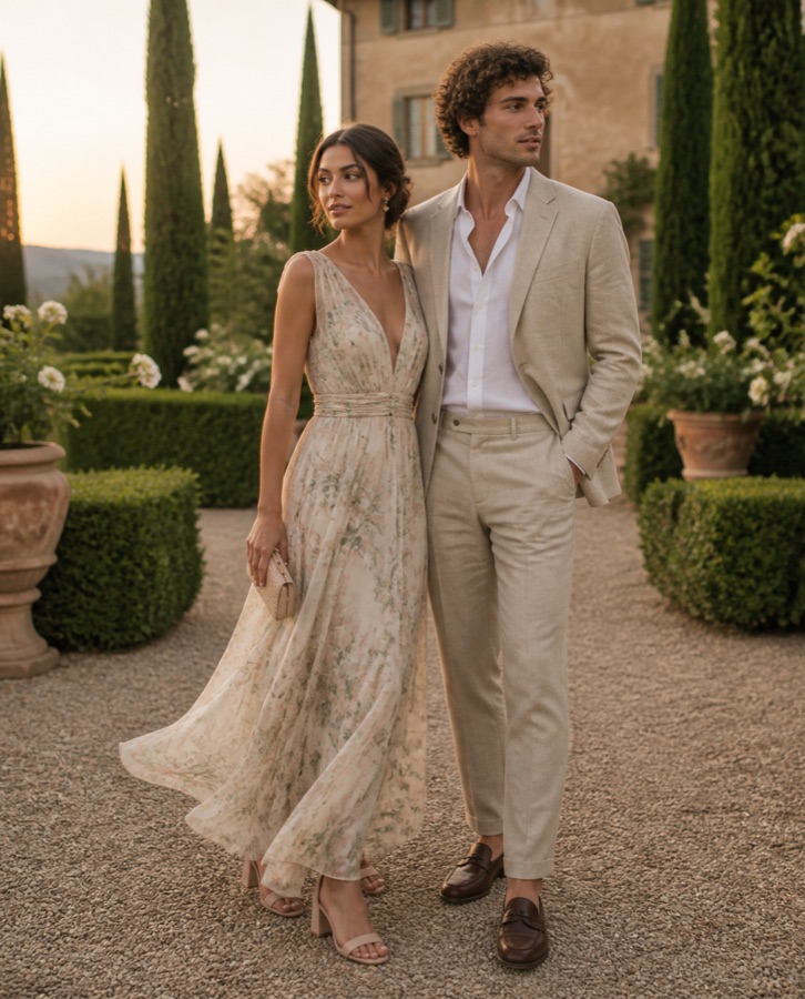 Outfit inspiration: a silk chiffon maxi dress and a light linen suit with no tie in a villa garden