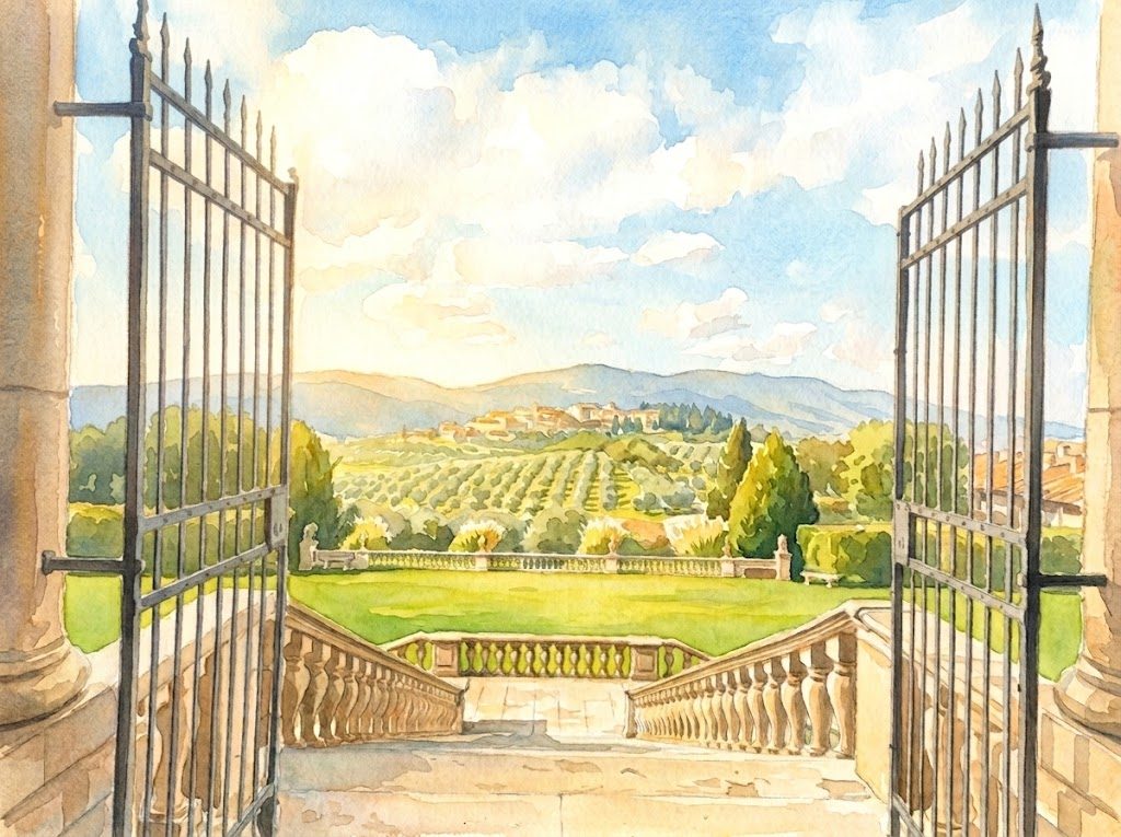 Watercolor view through open iron gates to the villa gardens and Tuscan hills