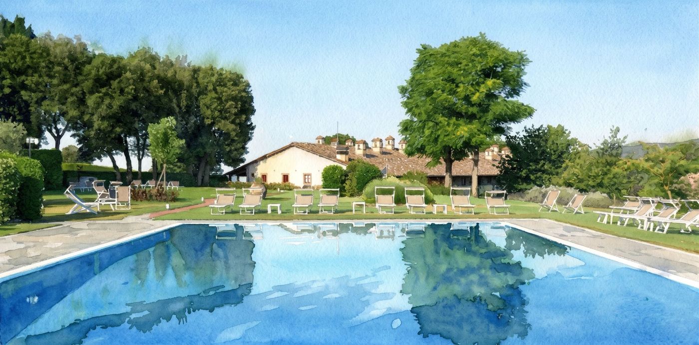 Watercolor of the Tenuta di Artimino hotel pool, lined with sun loungers