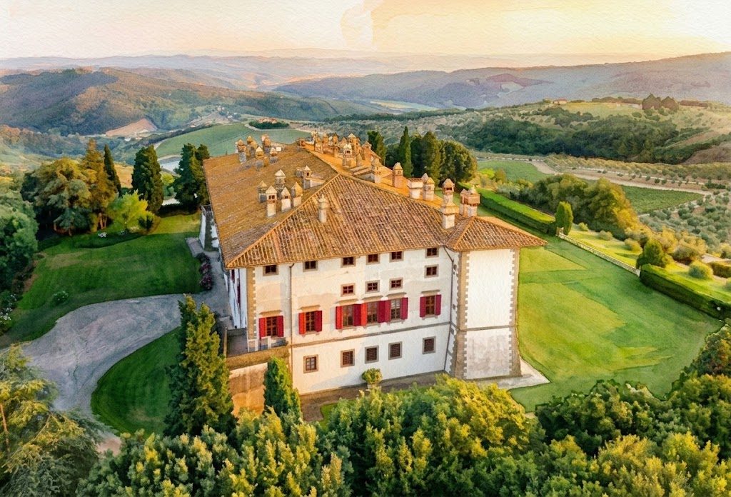 Villa Medicea La Ferdinanda at sunset, above the rolling Tuscan hills