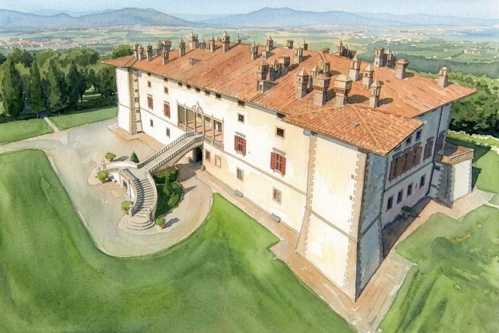 Villa Medicea La Ferdinanda, with its many chimneys and curved double staircase